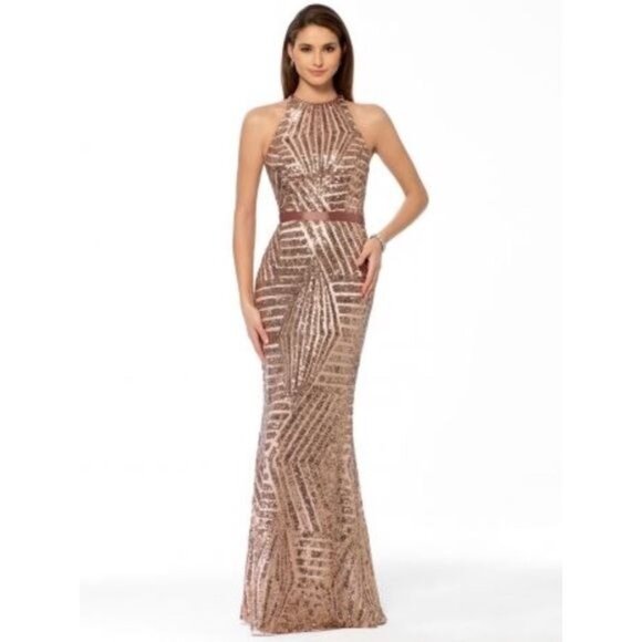 NWT Cache Women Rose Gold Sequined Mermaid NYE Evening Gown Maxi Dress Sz 6 3156 - Picture 2 of 13